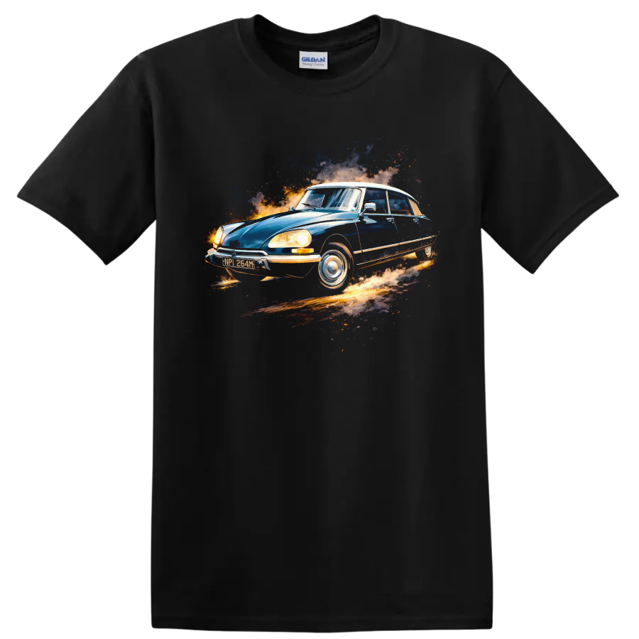 Blue Citroën DS classic car graphic print T shirt on a Black T Shirt