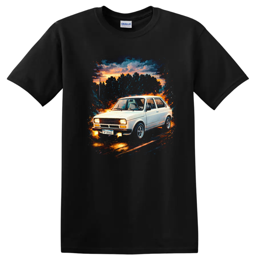 Fiat 147 old car graphic print with sunset and splatter artwork on a T shirt on a Black T Shirt