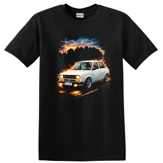 Fiat 147 old car graphic print with sunset and splatter artwork on a T shirt on a Black T Shirt