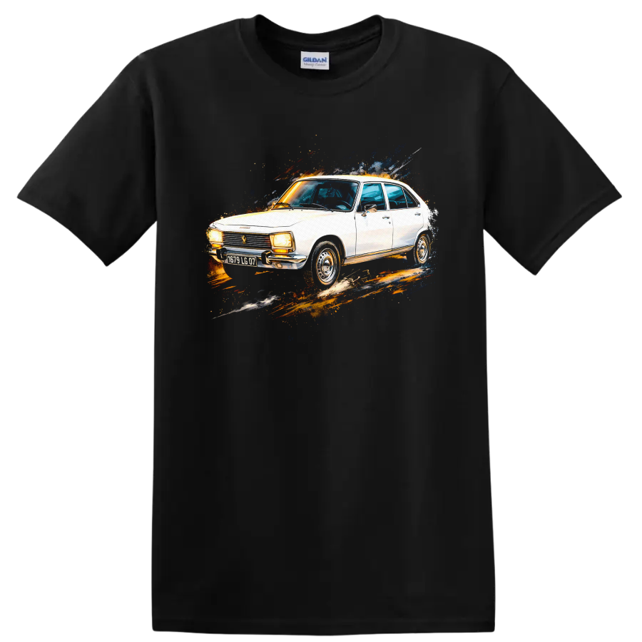White Peugeot 504 classic car with colorful paint-splash graphic print on a Black T Shirt