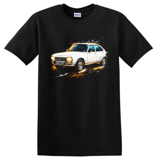 White Peugeot 504 classic car with colorful paint-splash graphic print on a Black T Shirt