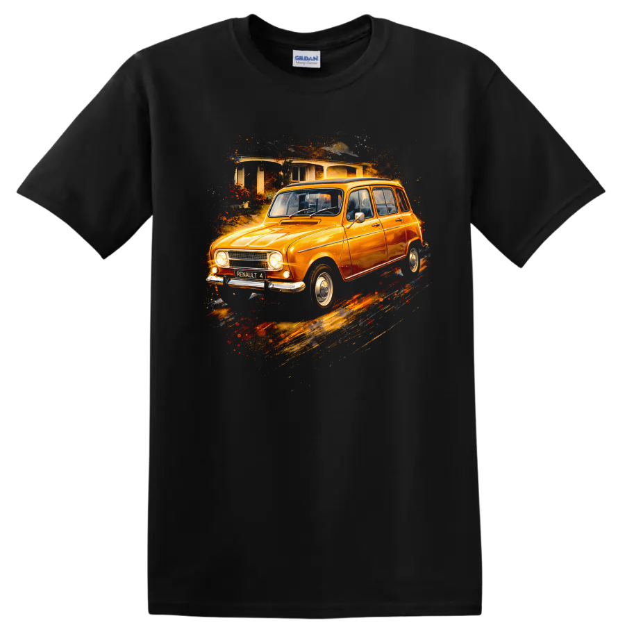Orange Renault 4 classic car graphic print with painterly splash effect on a Black T Shirt