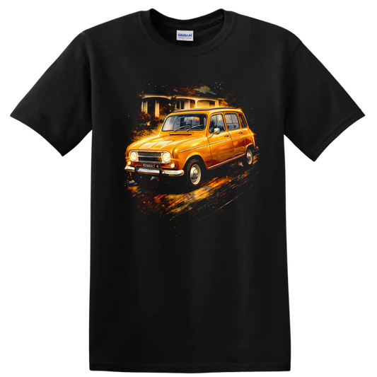 Orange Renault 4 classic car graphic print with painterly splash effect on a Black T Shirt