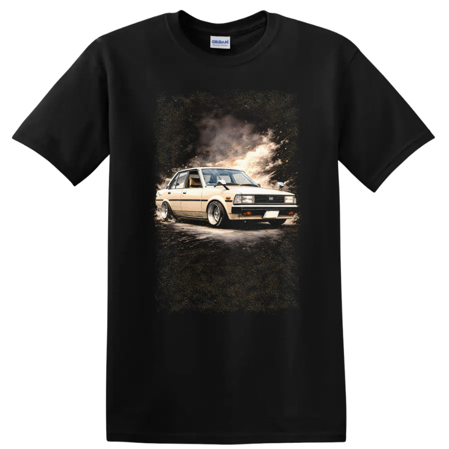 Beige Toyota Corolla KE70 old car graphic print with smoky automotive backdrop on a Black T Shirt