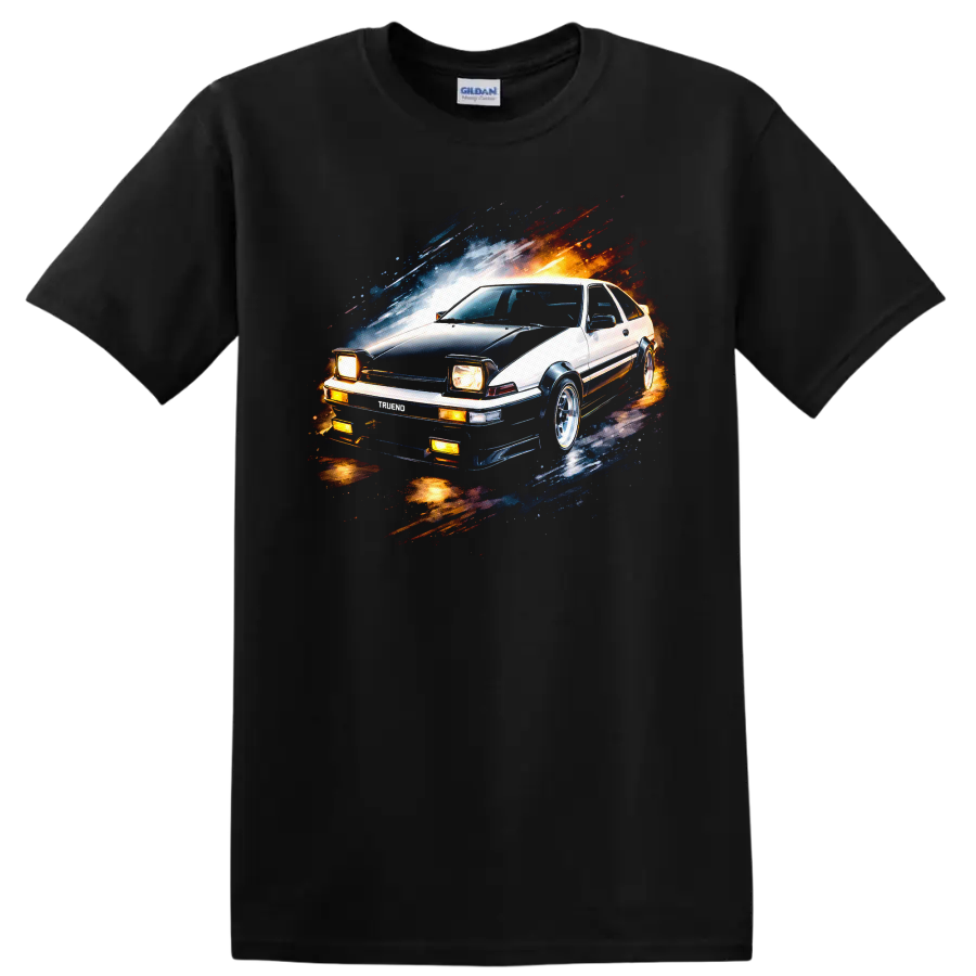 Toyota Sprinter Trueno AE86 car graphic print with racing motion streaks on T shirt on a Black T Shirt