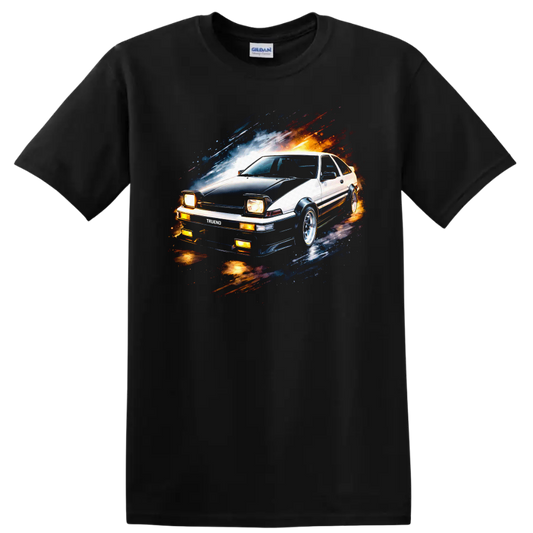 Toyota Sprinter Trueno AE86 car graphic print with racing motion streaks on T shirt on a Black T Shirt