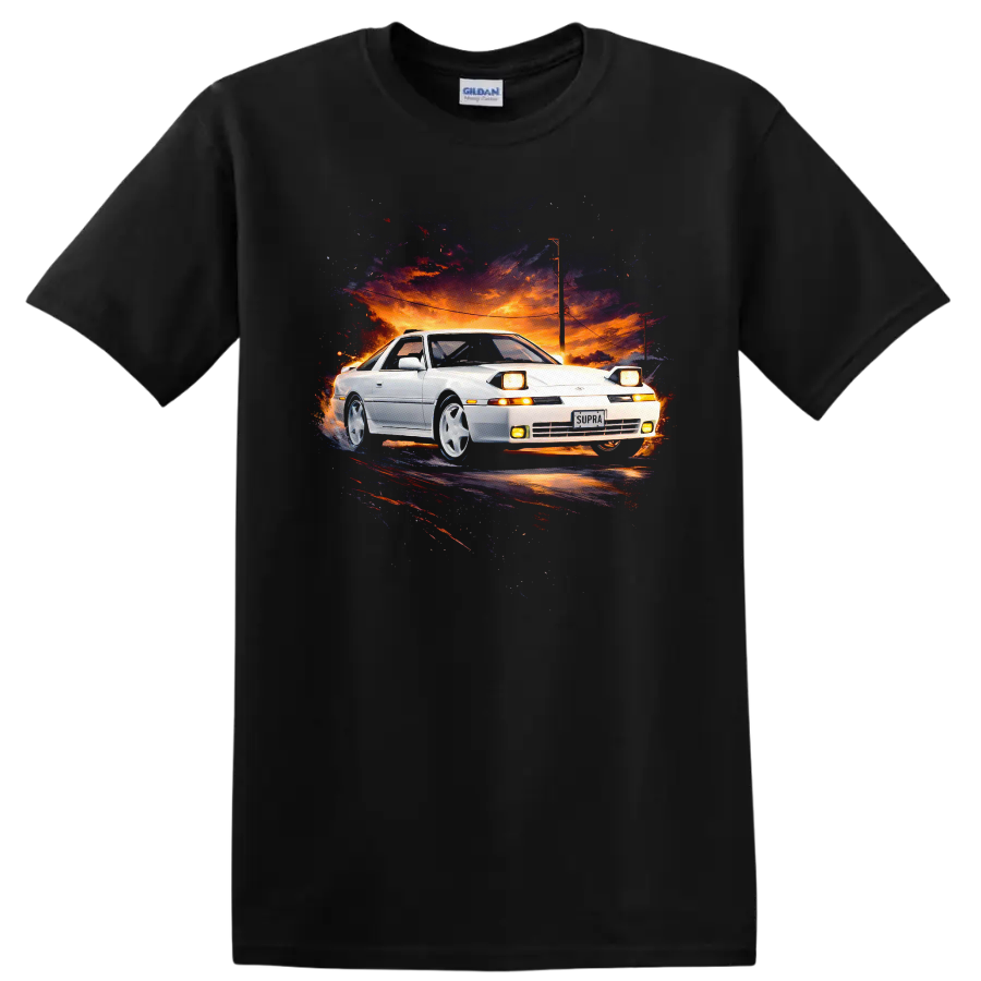 White Toyota Supra MK3 car art on a sunset background graphic T shirt on a Black T Shirt