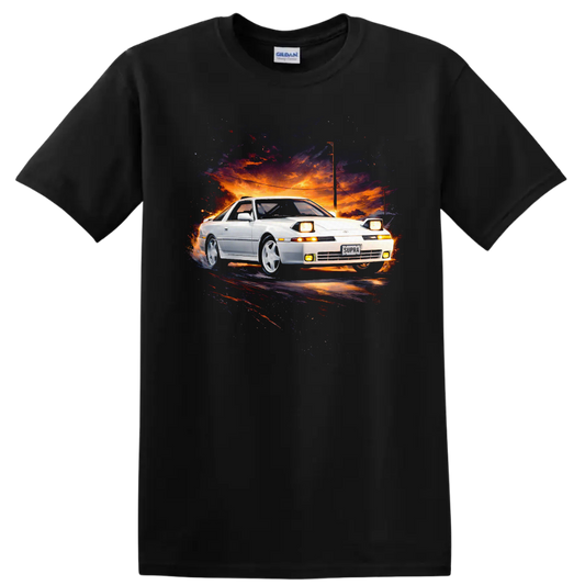 White Toyota Supra MK3 car art on a sunset background graphic T shirt on a Black T Shirt