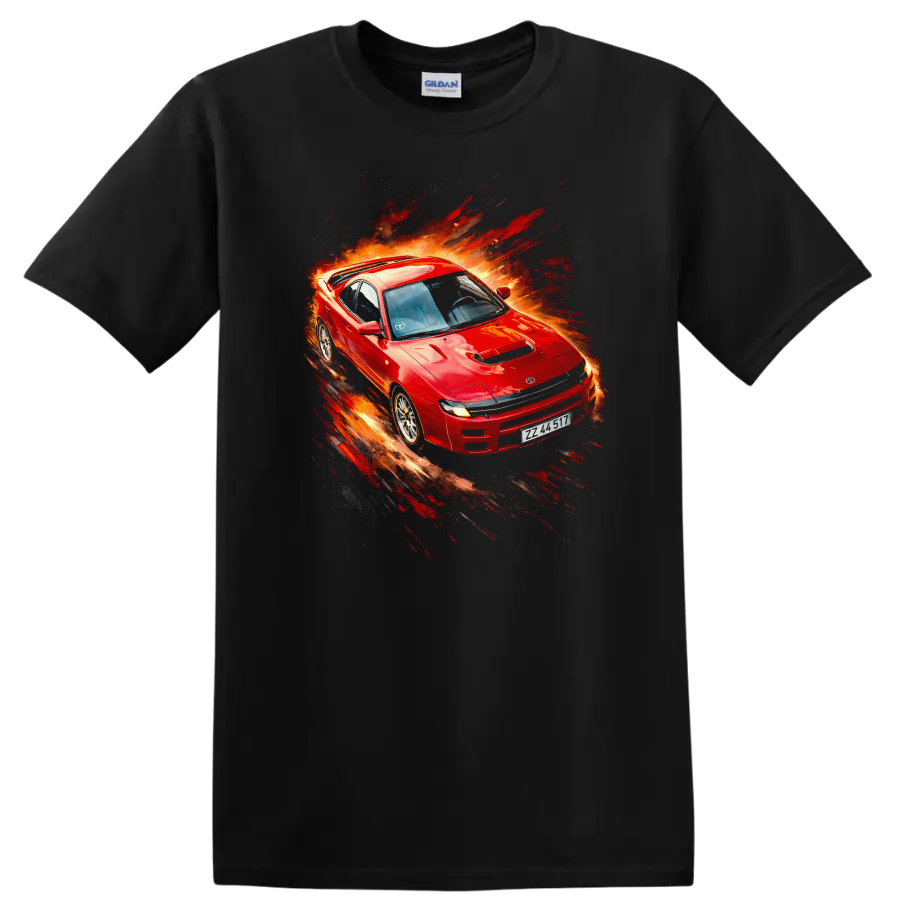 Red Toyota Celica GT-Four RC with explosive motion paint-splash graphic on a black T-shirt on a Black T Shirt