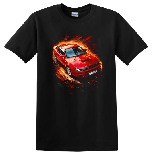 Red Toyota Celica GT-Four RC with explosive motion paint-splash graphic on a black T-shirt on a Black T Shirt