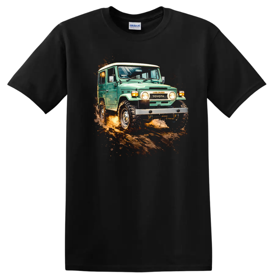 Vintage Toyota Land Cruiser J40 driving through dirt with off-road splash graphic print on a Black T Shirt