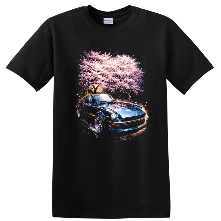 Blue Datsun 240Z under pink cherry blossoms graphic print T Shirt on a Black T Shirt