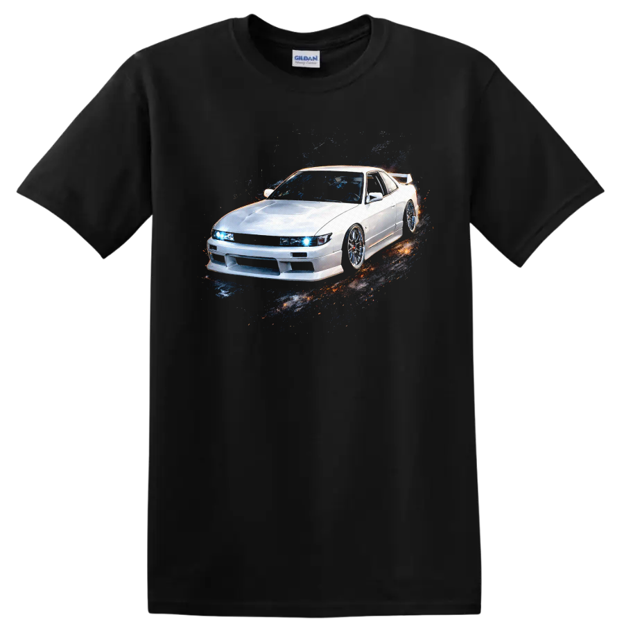 White Nissan Silvia S13 car graphic with blue headlights and pixel splash effect on a Black T Shirt
