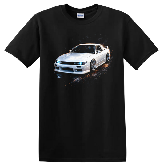 White Nissan Silvia S13 car graphic with blue headlights and pixel splash effect on a Black T Shirt