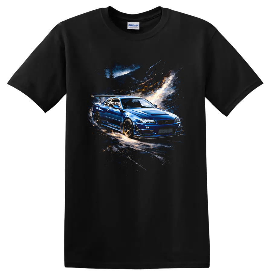 Blue Nissan Skyline GT-R R34 street racing graphic print T shirt on a Black T Shirt