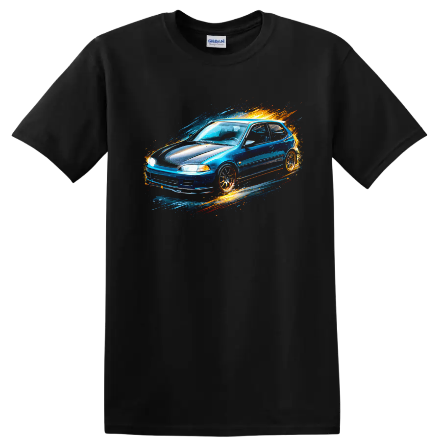 Blue Honda Civic EG hatchback with colorful splash graphic print on a Black T Shirt