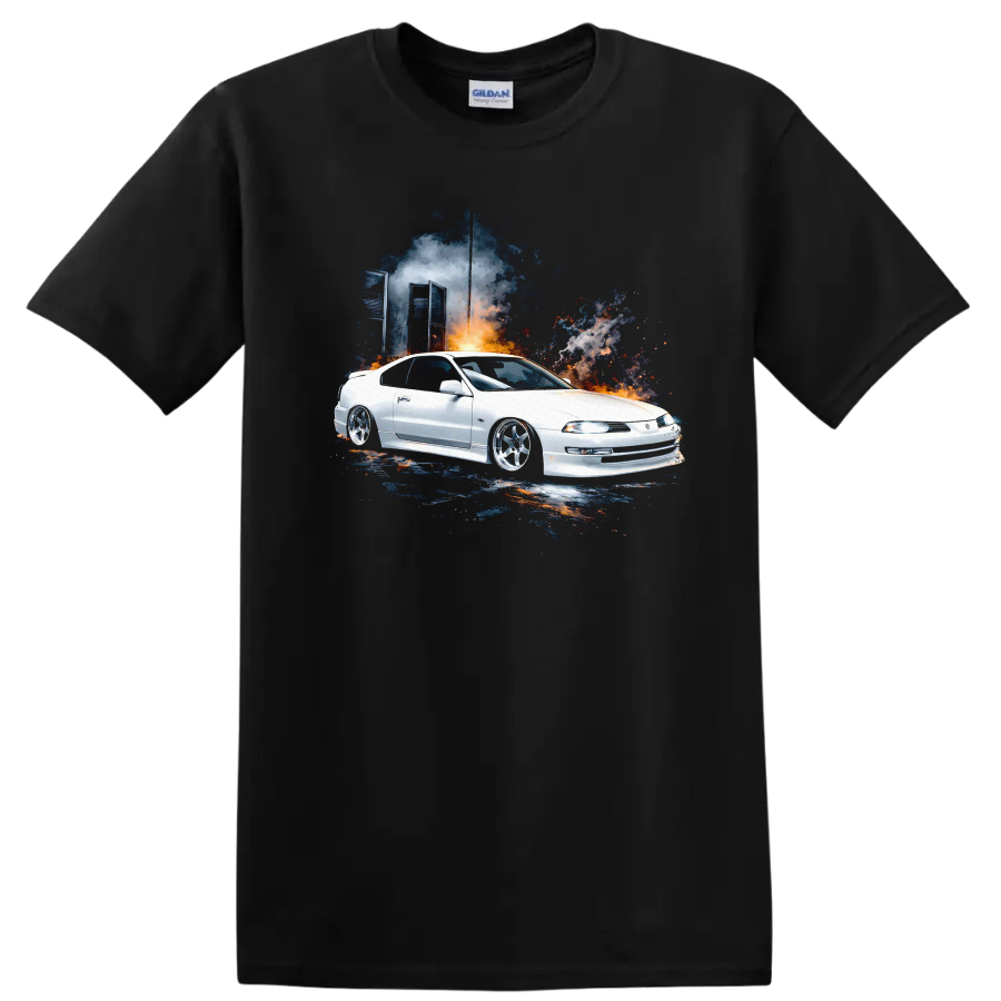 White Honda Prelude with colorful smoke graphic print T shirt on a Black T Shirt