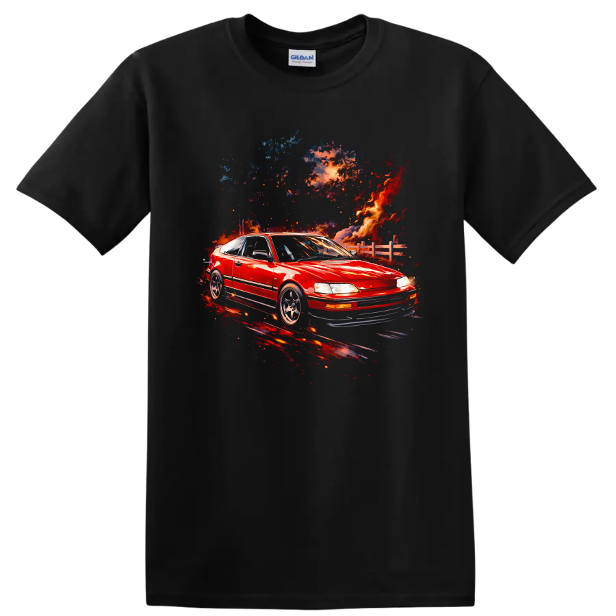 Red Honda CRX VTEC with colorful abstract flames graphic on black T shirt on a Black T Shirt