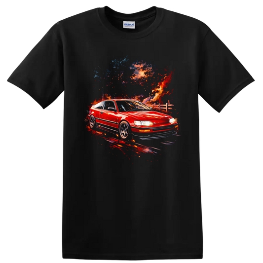 Red Honda CRX VTEC with colorful abstract flames graphic on black T shirt on a Black T Shirt