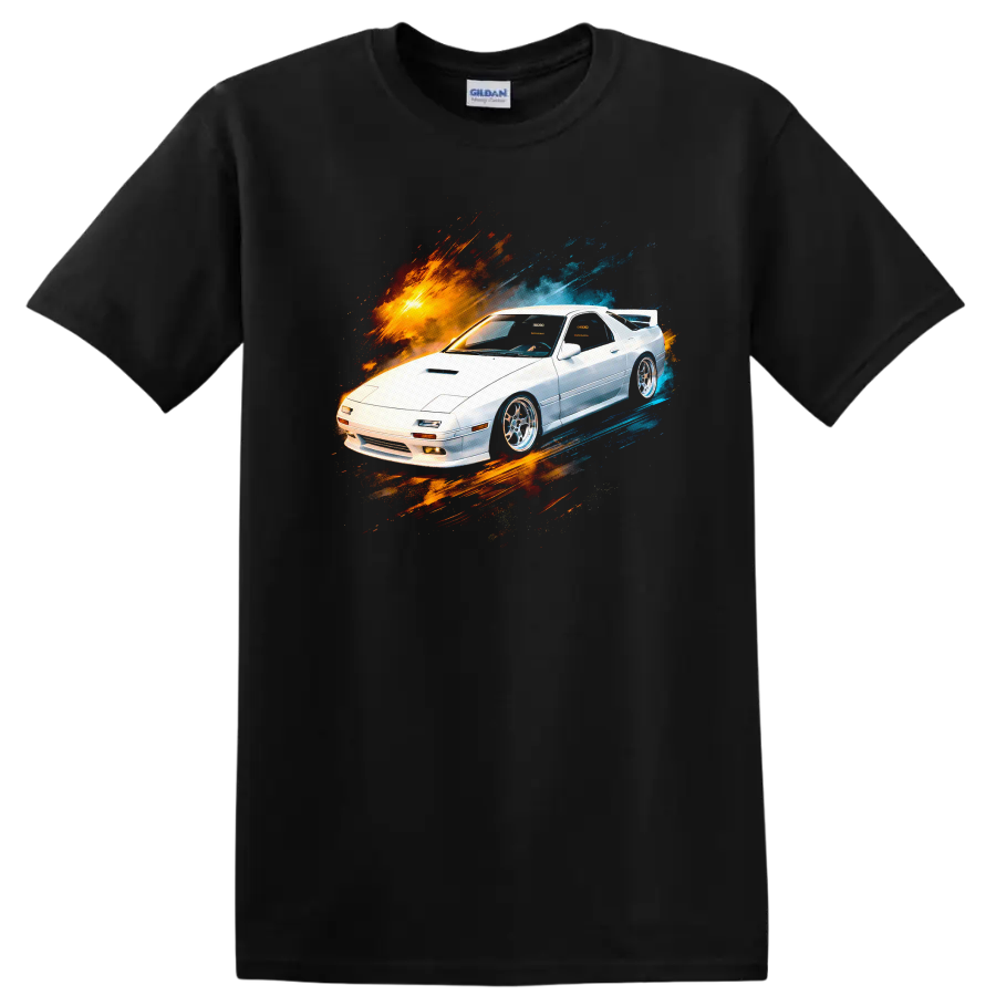 White Mazda RX-7 FC3S with orange and blue paint burst graphic on black on a Black T Shirt