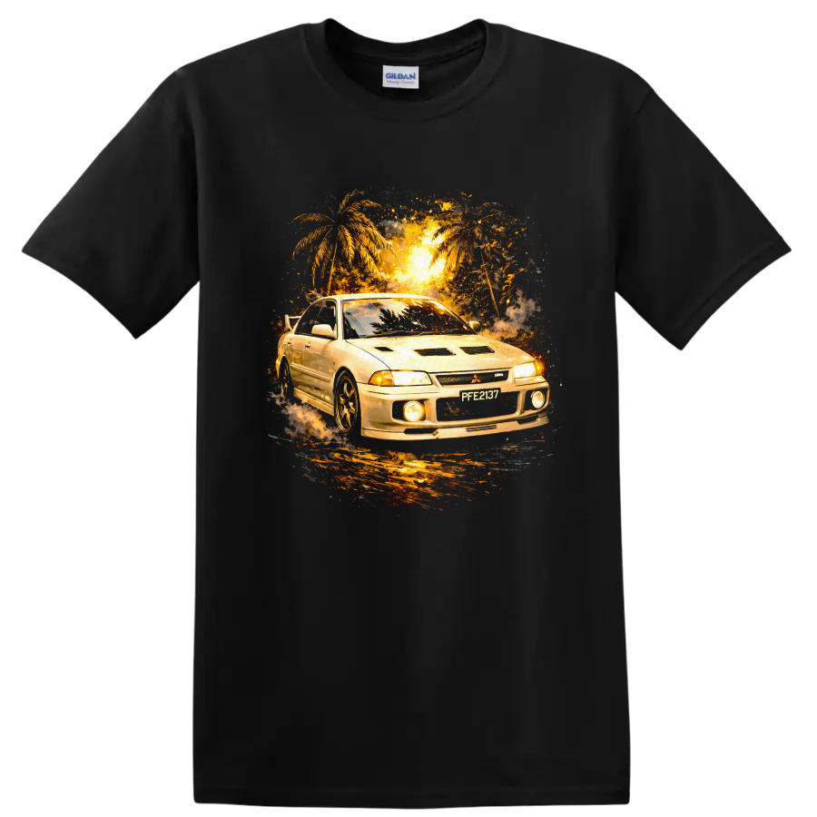 Mitsubishi Lancer Evolution III car graphic with palm trees and glowing sunset on a Black T Shirt