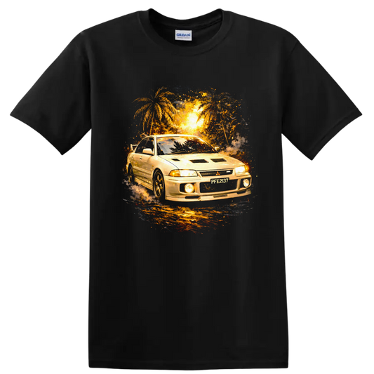 Mitsubishi Lancer Evolution III car graphic with palm trees and glowing sunset on a Black T Shirt