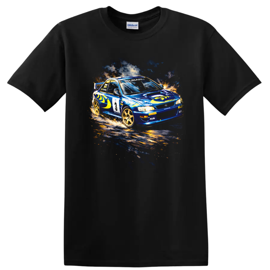 Blue Subaru Impreza WRC rally car graphic print T shirt on a Black T Shirt