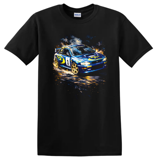 Blue Subaru Impreza WRC rally car graphic print T shirt on a Black T Shirt