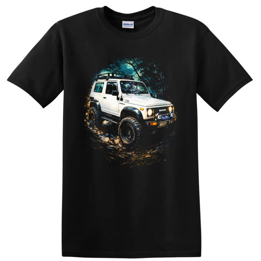 1992 Suzuki Jimny lifted off road SUV graphic print T shirt on a Black T Shirt