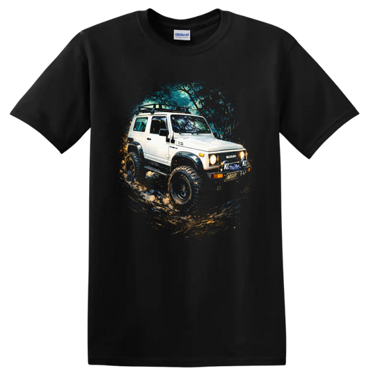 1992 Suzuki Jimny lifted off road SUV graphic print T shirt on a Black T Shirt