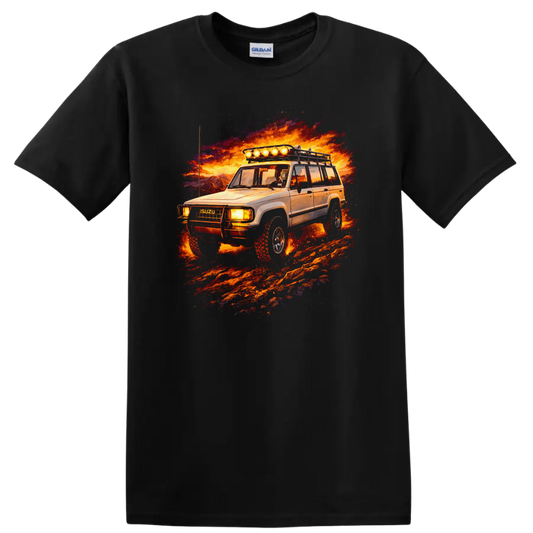 Isuzu Trooper old car graphic print with fiery off road scene on a Black T Shirt