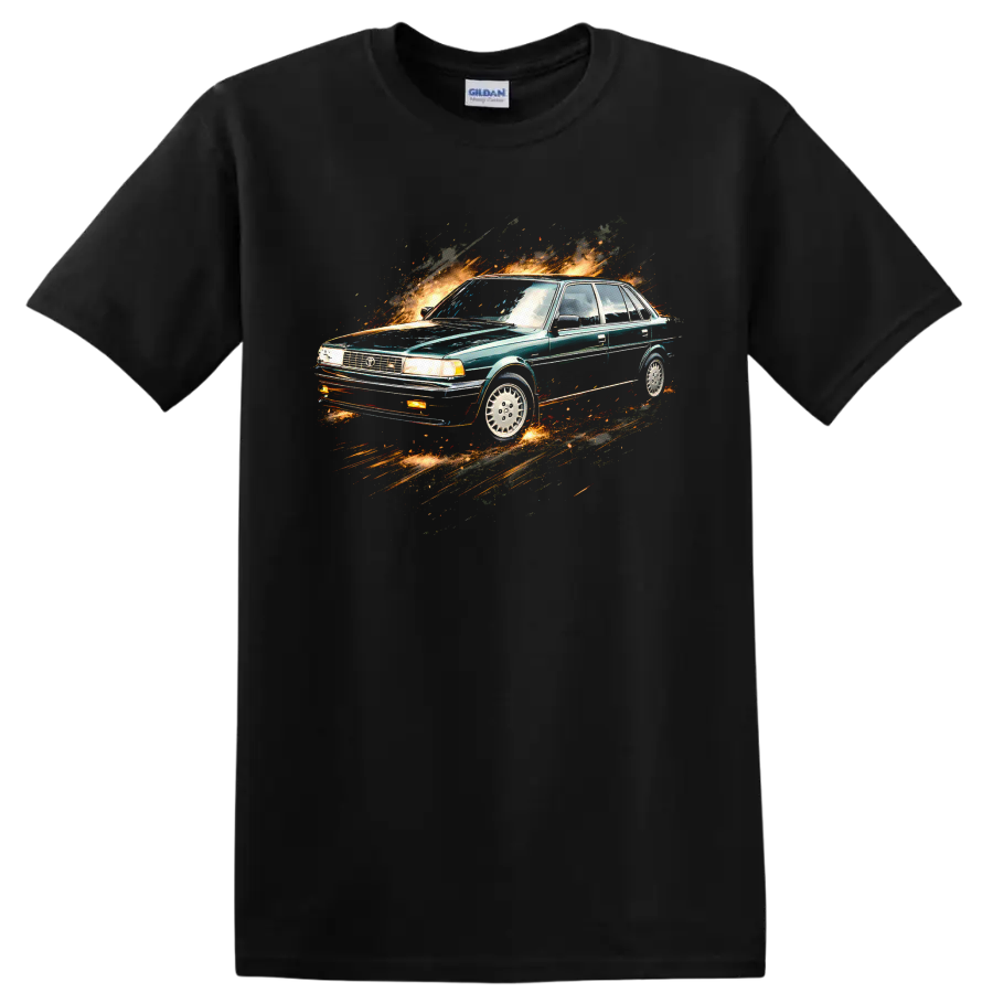 Toyota Camry II sedan graphic print with fiery motion effect on a Black T Shirt