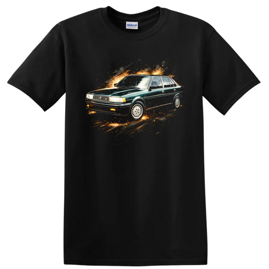 Toyota Camry II sedan graphic print with fiery motion effect on a Black T Shirt