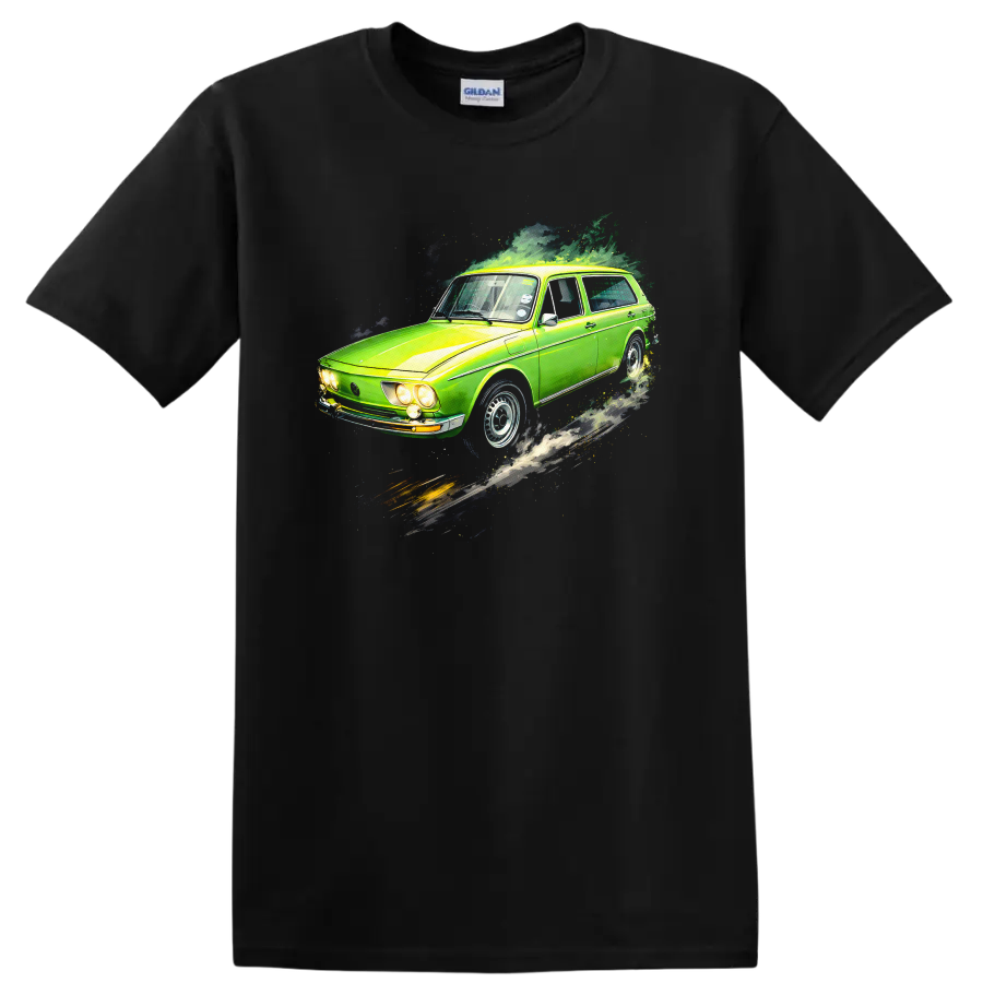 Green Volkswagen Brasília old car graphic print T-shirt on a Black T Shirt