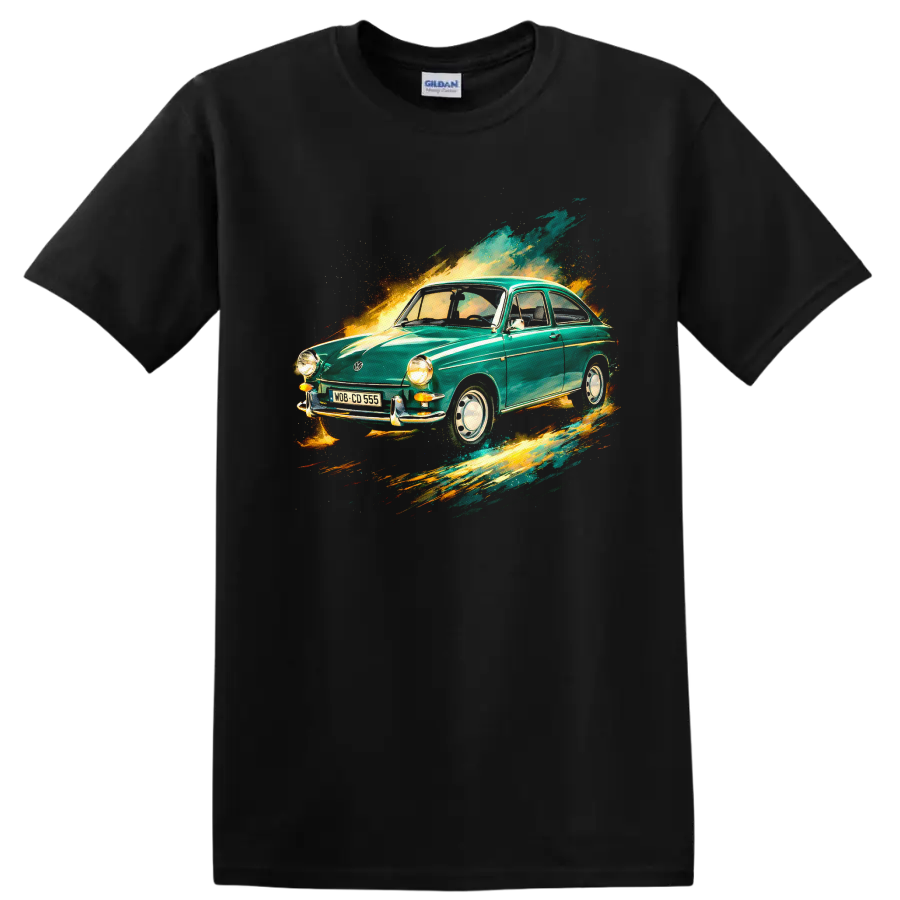 Vintage Volkswagen Type 3 car with colorful paint-splash graphic print T-shirt on a Black T Shirt