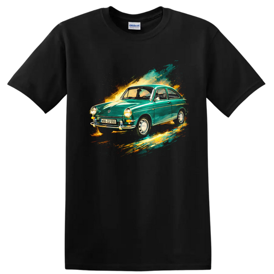 Vintage Volkswagen Type 3 car with colorful paint-splash graphic print T-shirt on a Black T Shirt