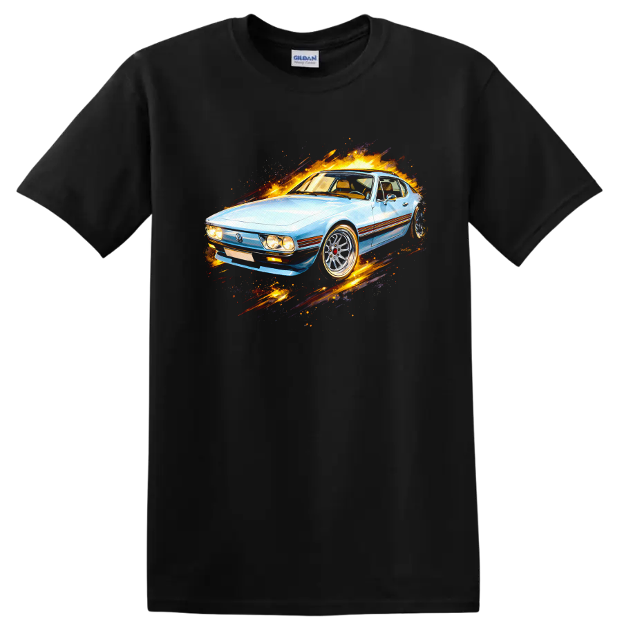 Light blue Volkswagen SP2 old car graphic print with fiery motion effects on a Black T Shirt
