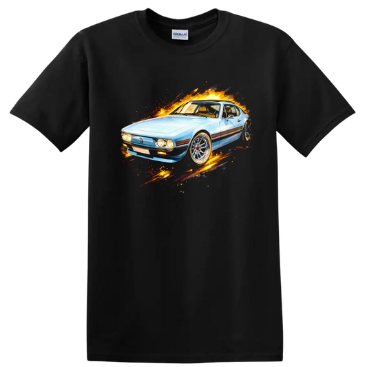 Light blue Volkswagen SP2 old car graphic print with fiery motion effects on a Black T Shirt