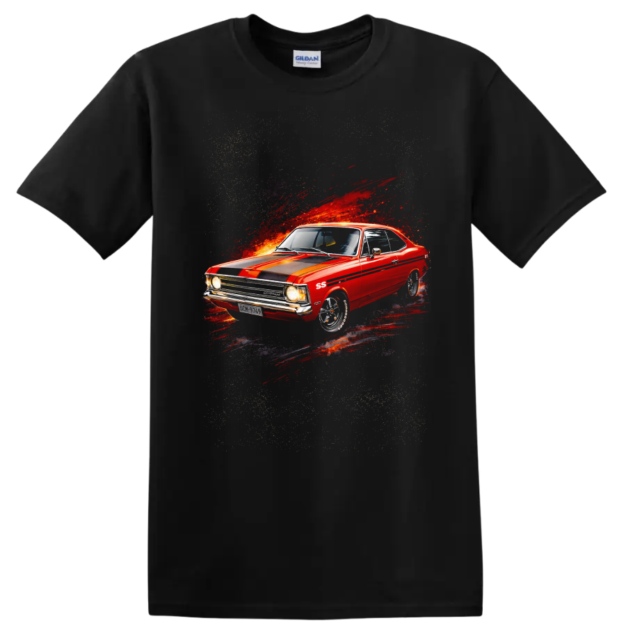 Red Chevrolet Opala SS classic car graphic print T shirt on a Black T Shirt
