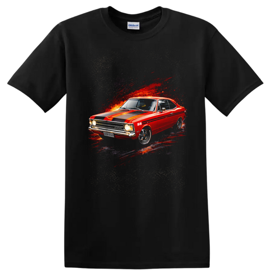 Red Chevrolet Opala SS classic car graphic print T shirt on a Black T Shirt