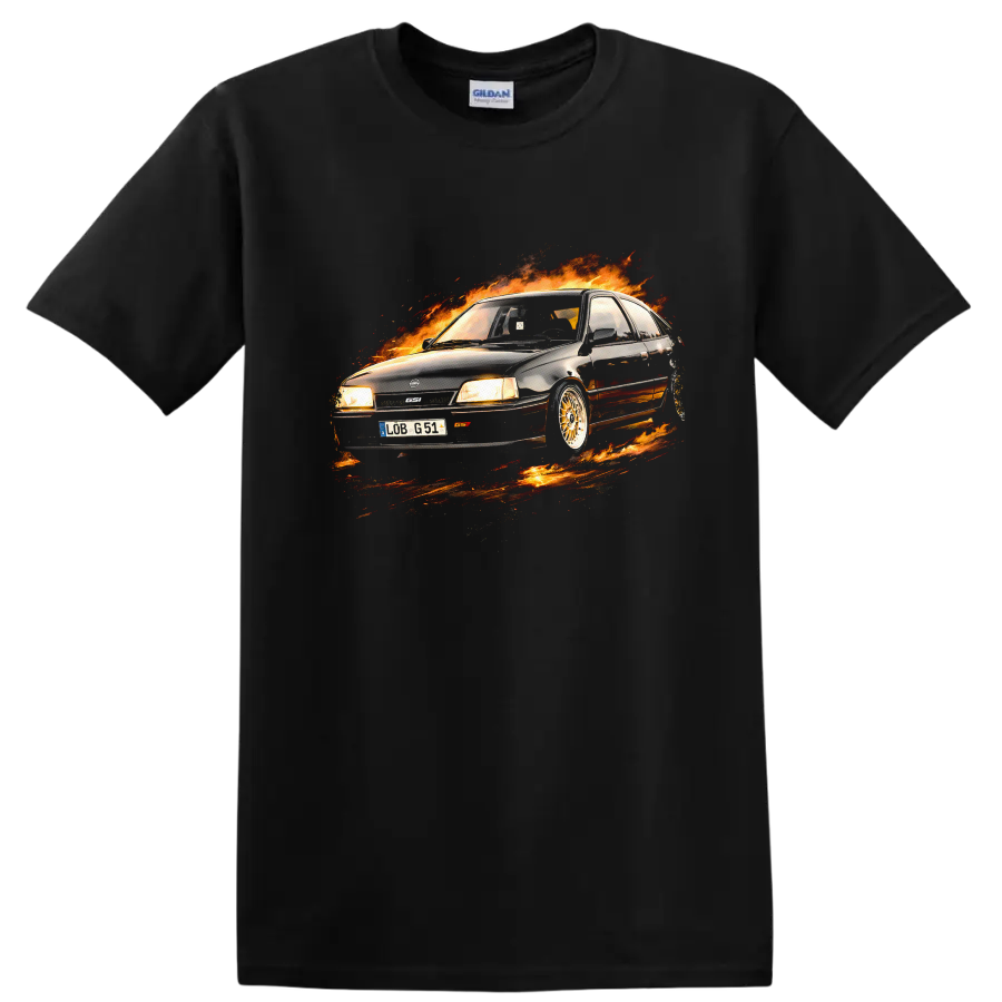 Opel Kadett E GSi car surrounded by flames graphic on T shirt on a Black T Shirt