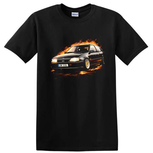 Opel Kadett E GSi car surrounded by flames graphic on T shirt on a Black T Shirt