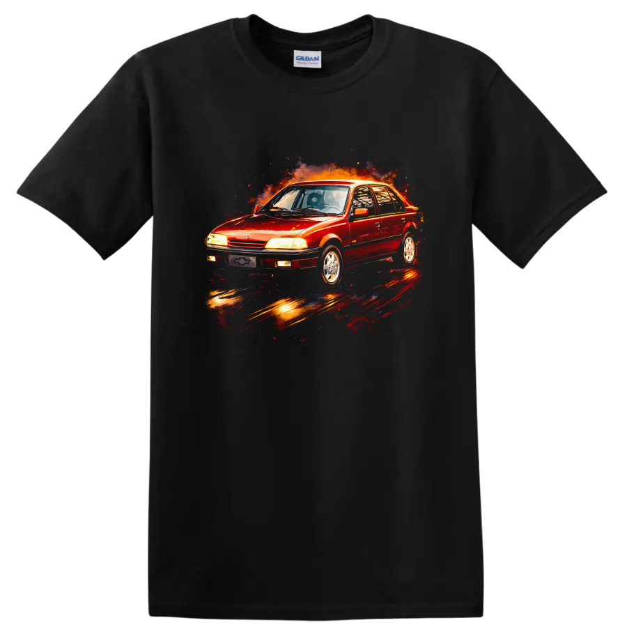 Red Chevrolet Monza old car graphic with fiery burst on a T shirt on a Black T Shirt
