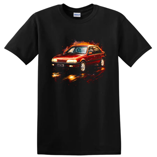 Red Chevrolet Monza old car graphic with fiery burst on a T shirt on a Black T Shirt