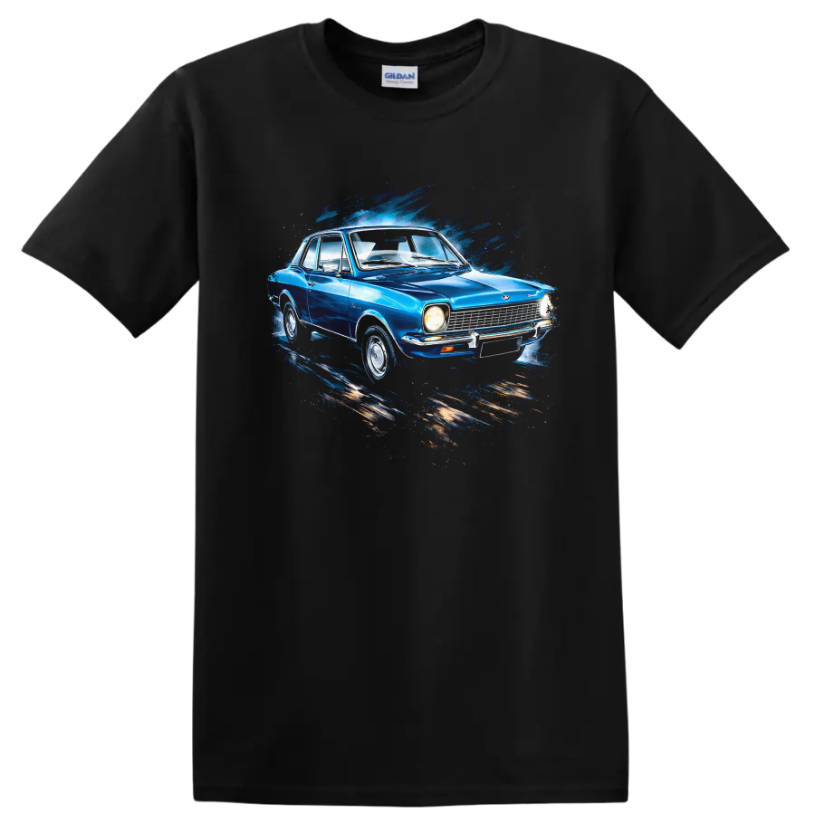 Blue Ford Corcel old car with splash art graphic print T shirt on a Black T Shirt