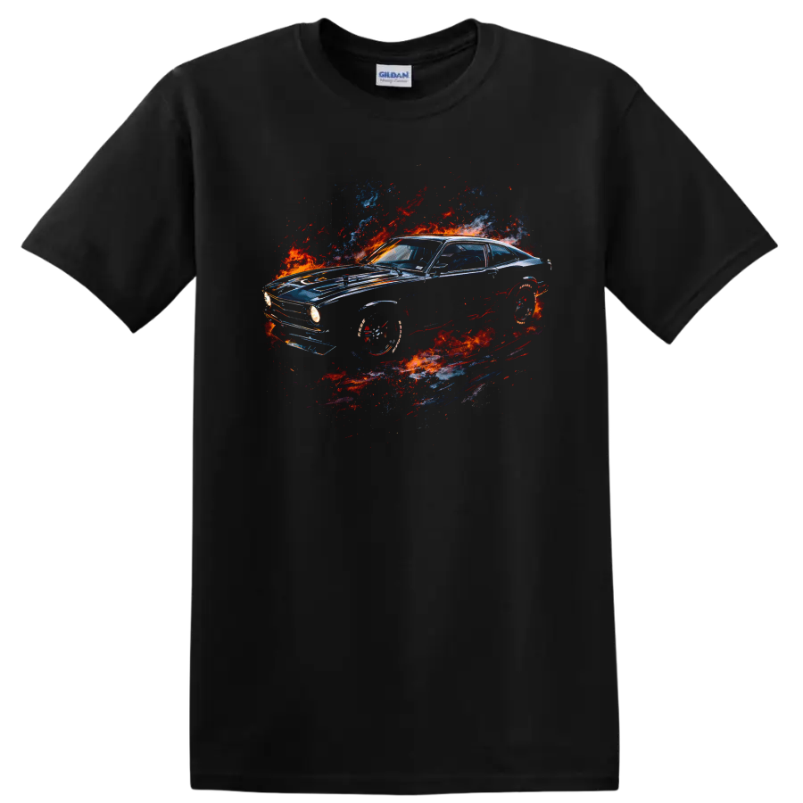 Vintage Ford Maverick car with fiery blue red graphic print on black T shirt on a Black T Shirt