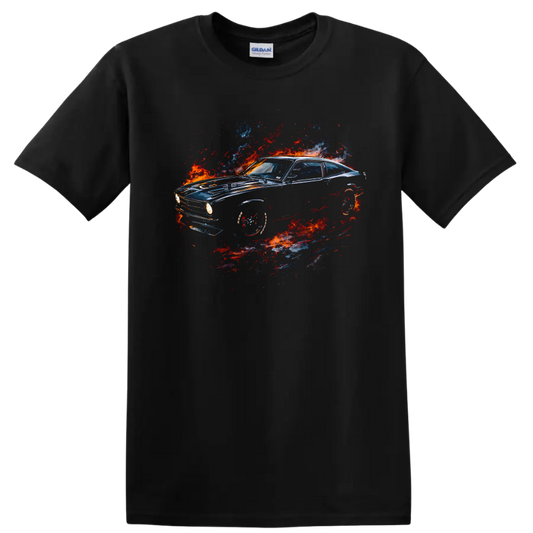 Vintage Ford Maverick car with fiery blue red graphic print on black T shirt on a Black T Shirt