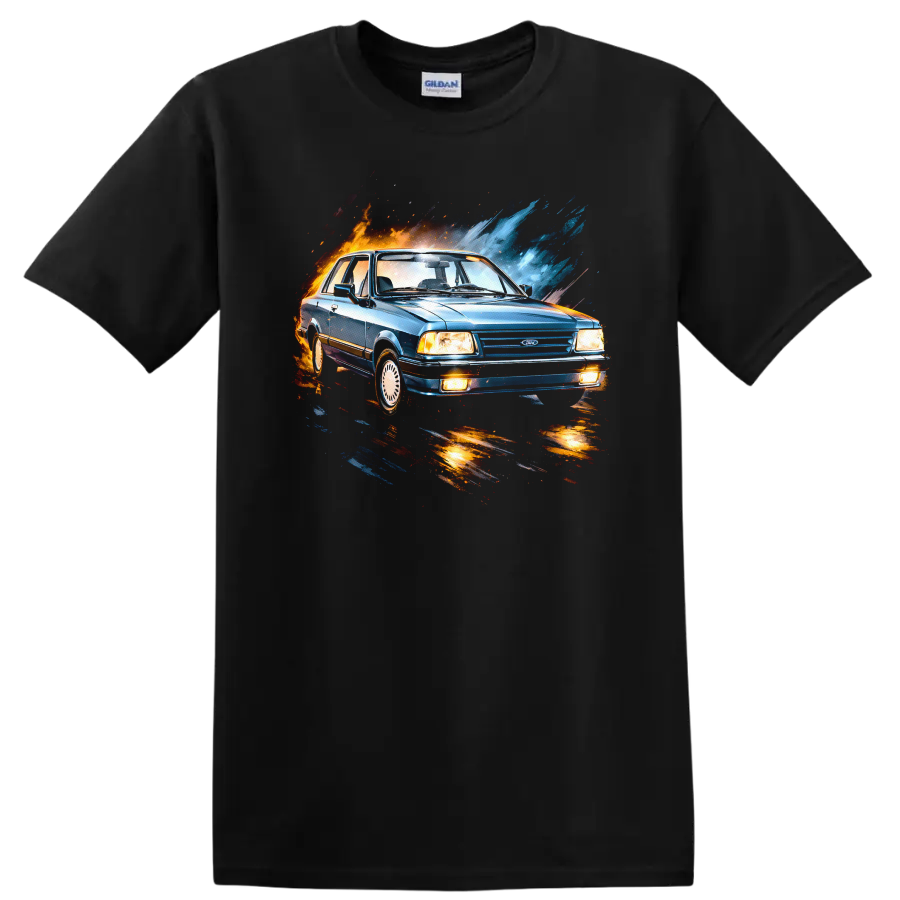 Blue Ford Del Rey classic car with orange and blue splash effects graphic print on a Black T Shirt