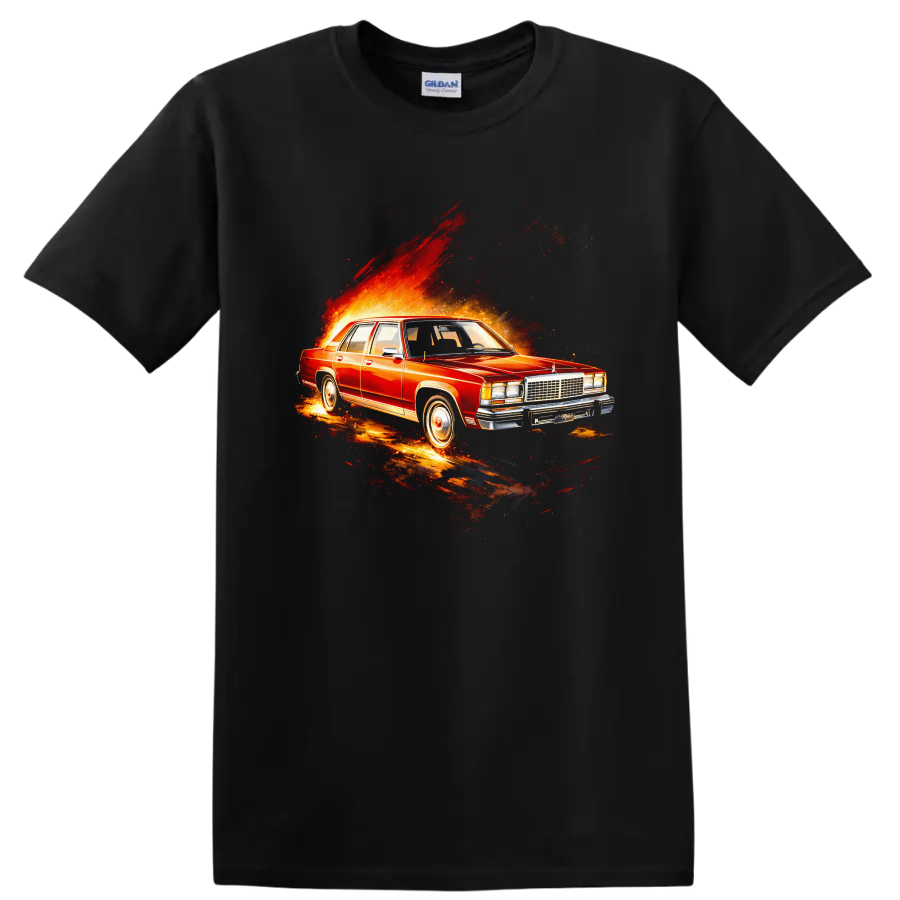 Red Ford LTD old car with fiery burst graphic print on a black T shirt on a Black T Shirt