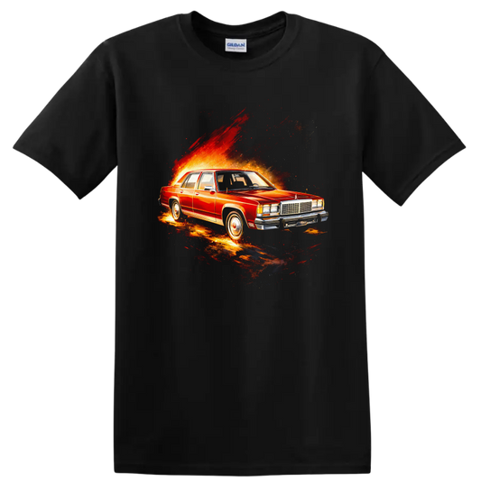 Red Ford LTD old car with fiery burst graphic print on a black T shirt on a Black T Shirt